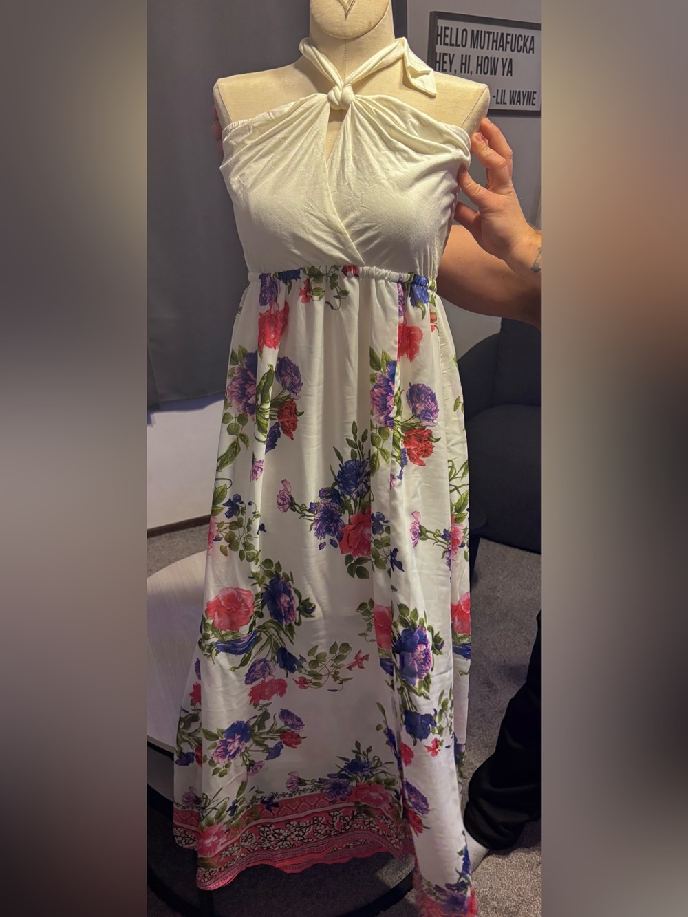 White Birch White Maxi Dress with Pink & Purple Floral Print